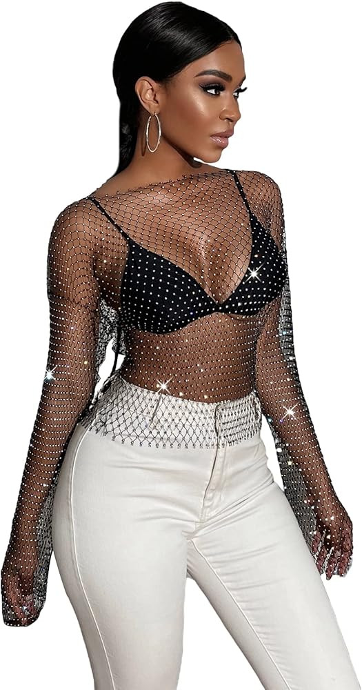 MakeMeChic Women's Long Sleeve Rhinestone Mesh See Through Crop Top Shirt Clubwear Cover Up | Amazon (US)