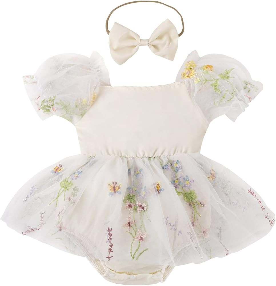 ODASDO Dresses for Baby Girls Birthday Party Newborn Princess Romper Flower Embroidery Short Slee... | Amazon (US)