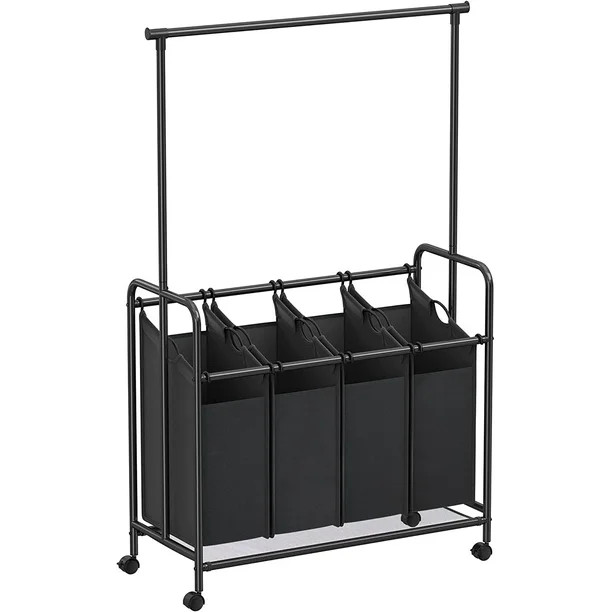 SONGMICS 4-Section Laundry Sorter Rolling Laundry Cart with Hanging Bar Laundry Organizer Black | Walmart (US)