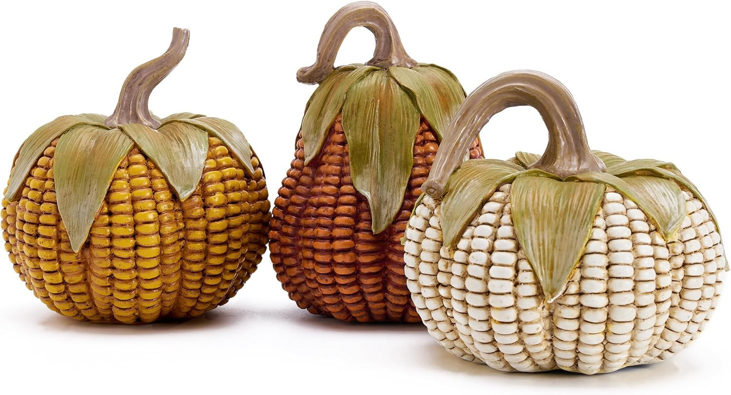 Valery Madelyn Fall Decorations for Home, Fall Pumpkin Decor, Set of 3 Resin Artificial Corn Decorative Pumpkins Indoor, Table Centerpieces Autumn Thanksgiving Halloween Decorations, 5.1 Inch | Amazon (US)