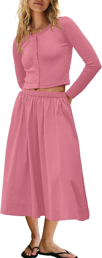 Panadila Womens 2 Piece Lounge Sets Matching Vacation Outfits Ribbed Button Down Cardigan and Ela... | Amazon (US)