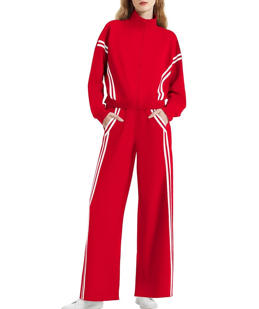 Women's 2 Piece Lounge Outfits Zip Up Sweat Set Contrast Striped Wide Leg Jogging Pants Travel Tr... | Amazon (US)
