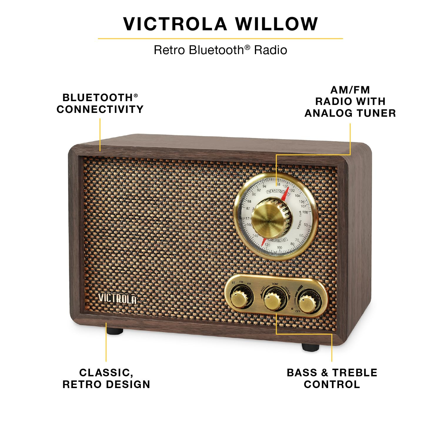 Victrola Willow – Retro Wood Bluetooth Radio with Built-in Speakers: Elegant & Vintage Design, Rotary AM/FM Tuning Dial, Bass & Treble Control, Wireless Streaming (Espresso) | Amazon (US)