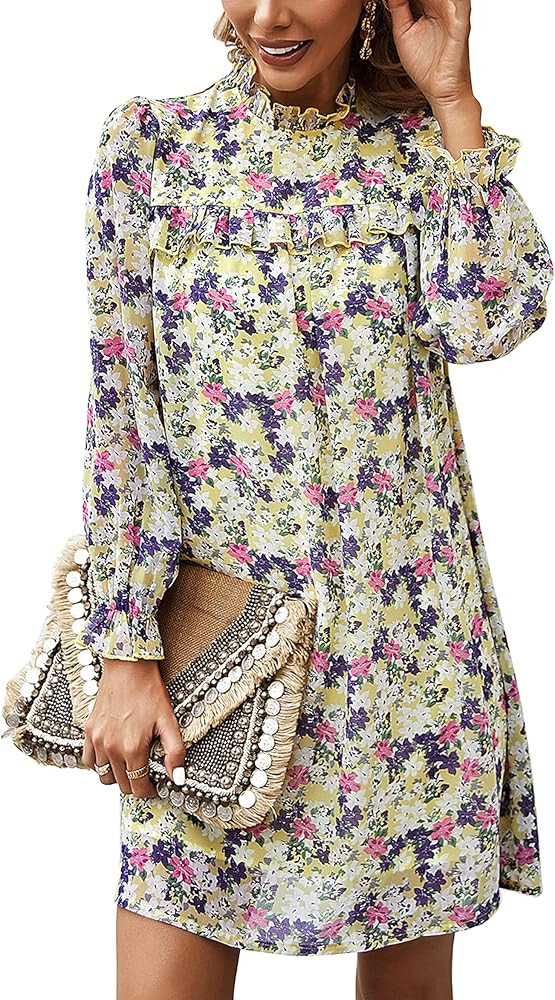 KIRUNDO Spring Summer Women's Long Sleeve Mock Neck Ruffle Chiffon Floral Print Mini Dress Casual... | Amazon (US)