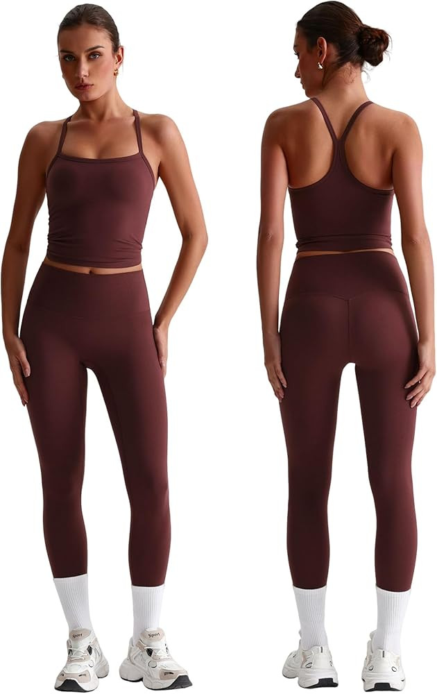 Womens Workout Sets Two Piece Y Back Tank Top Matching High Waist Leggings Sets Gym Work Out Clot... | Amazon (US)