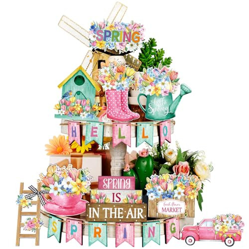 Marsui 20 Pcs Spring Flower Tiered Tray Decor Set Rustic Farmhouse Spring Floral Table Home Kitchen Shelf Tabletop Centerpiece Office Decorations (Cute) | Amazon (US)