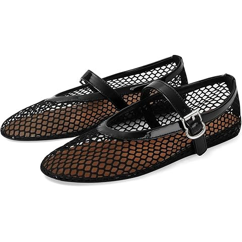 DOEYG Mesh Ballet Flats for Women Buckle Strap Comfy Casual Office Fishnet Ballerina Flat Shoes | Amazon (US)