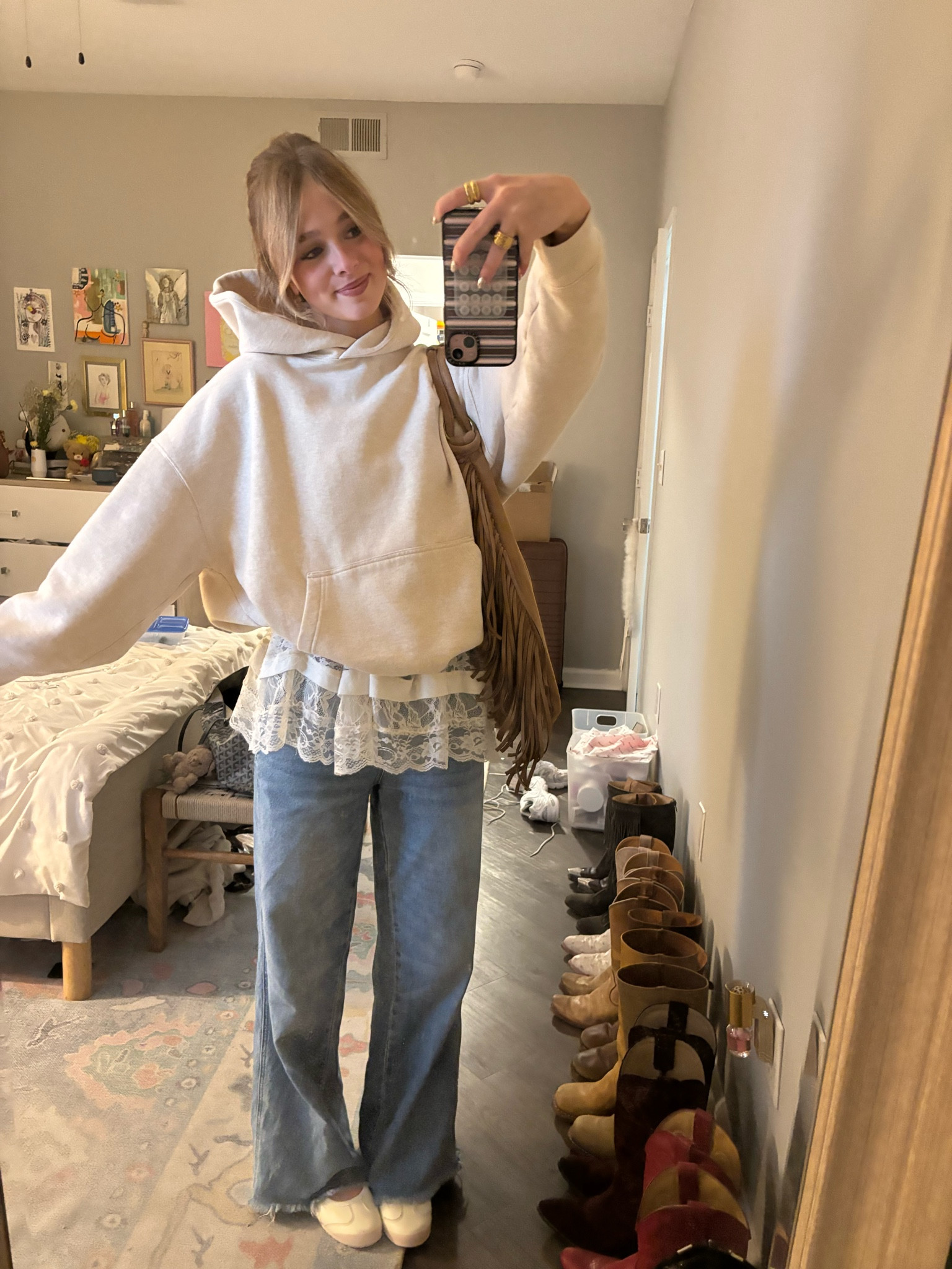 SIZES: 
Hoodie: S
Lace shirt: XS 
jeans: 25 (cut the hem off) 
Shoes name:  Onitsuka Tiger Mexico 66 TGRS
