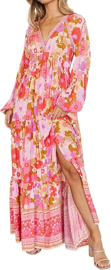 R.Vivimos Women's Boho Floral Print Maxi Dress V Neck Long Sleeve Elastic Waist Casual Flowy Slit... | Amazon (US)