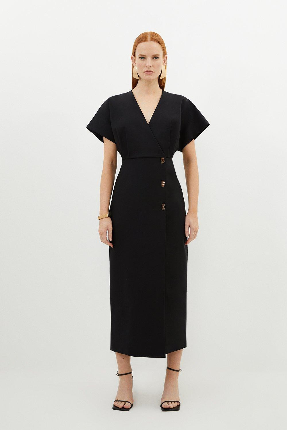 Techno Cotton Woven Midi Dress With Gold Clasp | Karen Millen US
