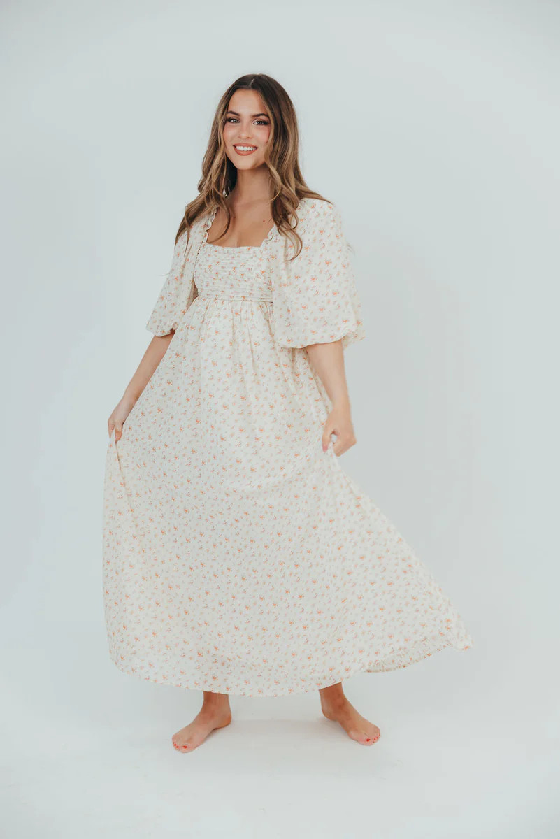 Melody Maxi Dress with Pleats and Bow Detail in Ivory Floral- Bump Fri | Worth Collective