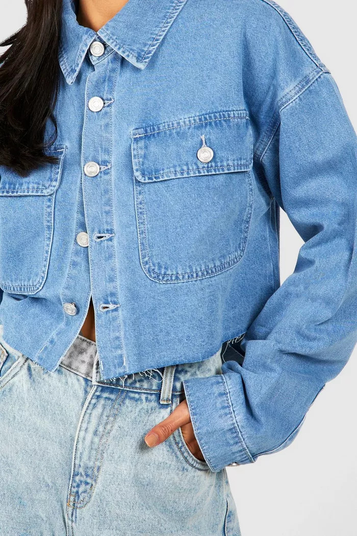 Raw Hem Curved Back Cropped Denim Shirt | boohoo (US & Canada)