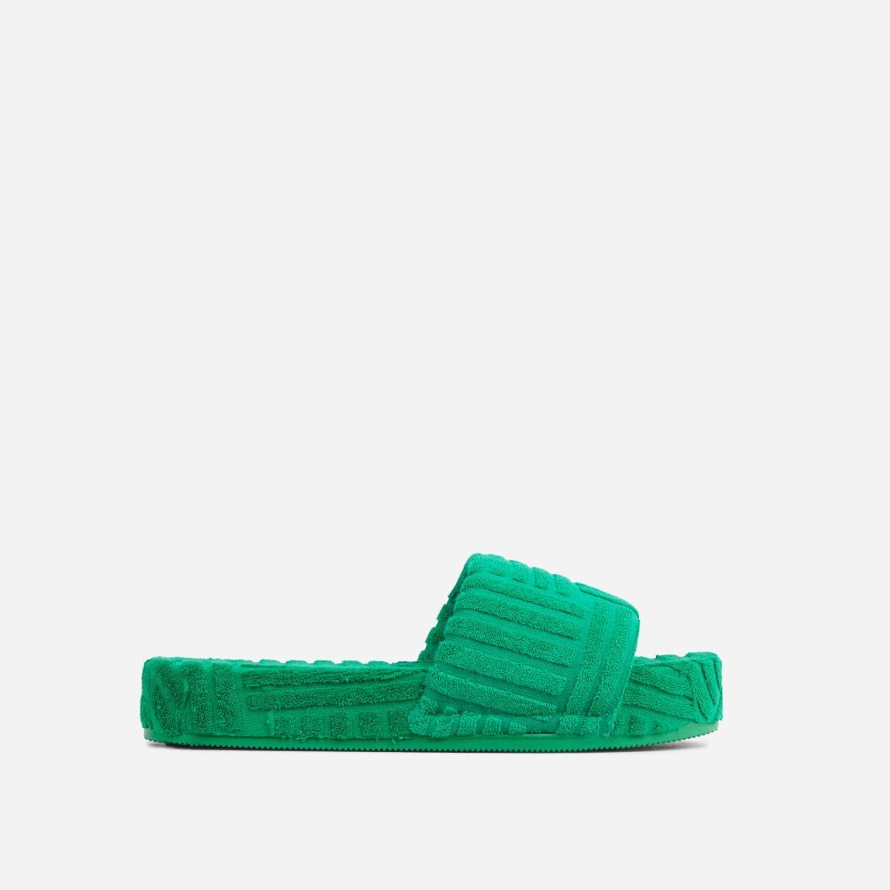 Gotchu Flatform Slider Sandal In Green Terry Towel Fabric | EGO Shoes (US & Canada)