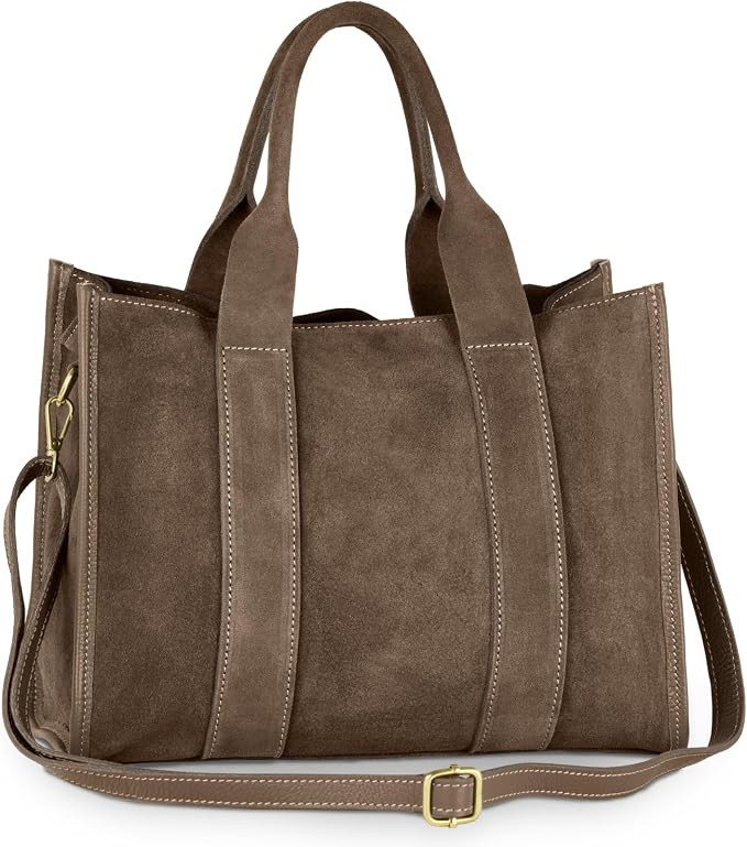 Italian Genuine Suede Tote Bag for Women with Adjustable Strap & Leather Trim | Structured Medium... | Amazon (US)
