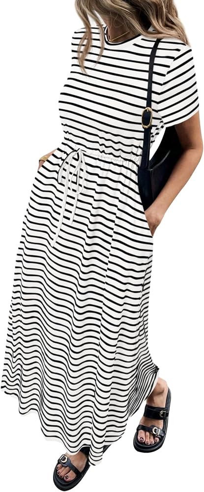 NALANISA Women's Summer Dresses Casual Short Sleeve Striped T Shirts Dress     Crewneck, Drawstri... | Amazon (US)