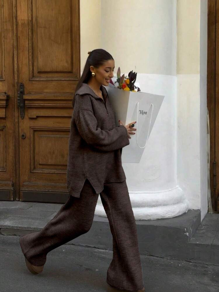 Conjunto informal de 2 piezas VIBEWAVE 2025 para mujer, suéter de manga larga con media cremalle... | SHEIN