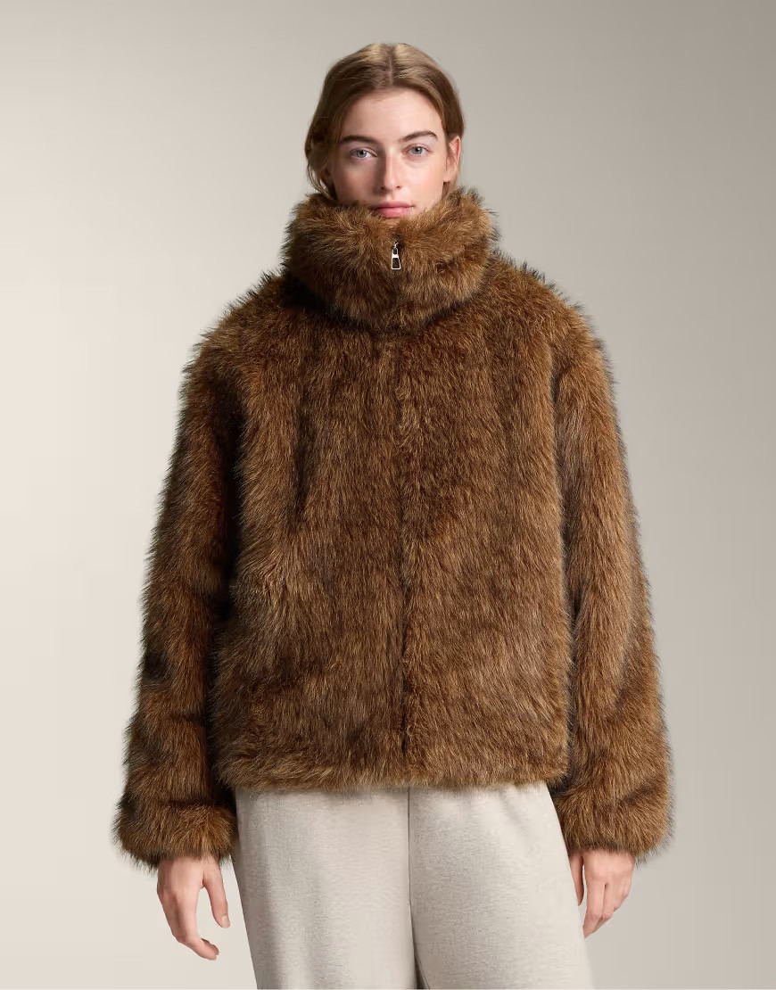 OYSHO Faux fur jacket in mole-Brown | ASOS (Global)