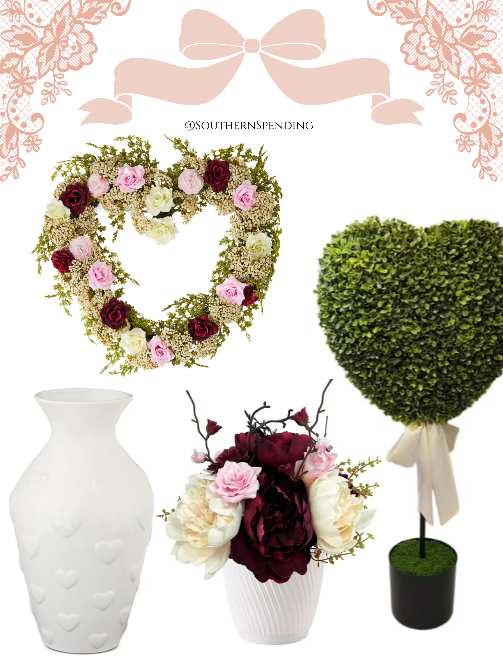 Valentine's Day faux floral arrangements and boxwood topiary. Small home decor accents to celebrate love. The white vase is covered in raised hearts in the same monotone color for a subtle look. 

 #LTKSeasonal #LTKHome #LTKFindsUnder50