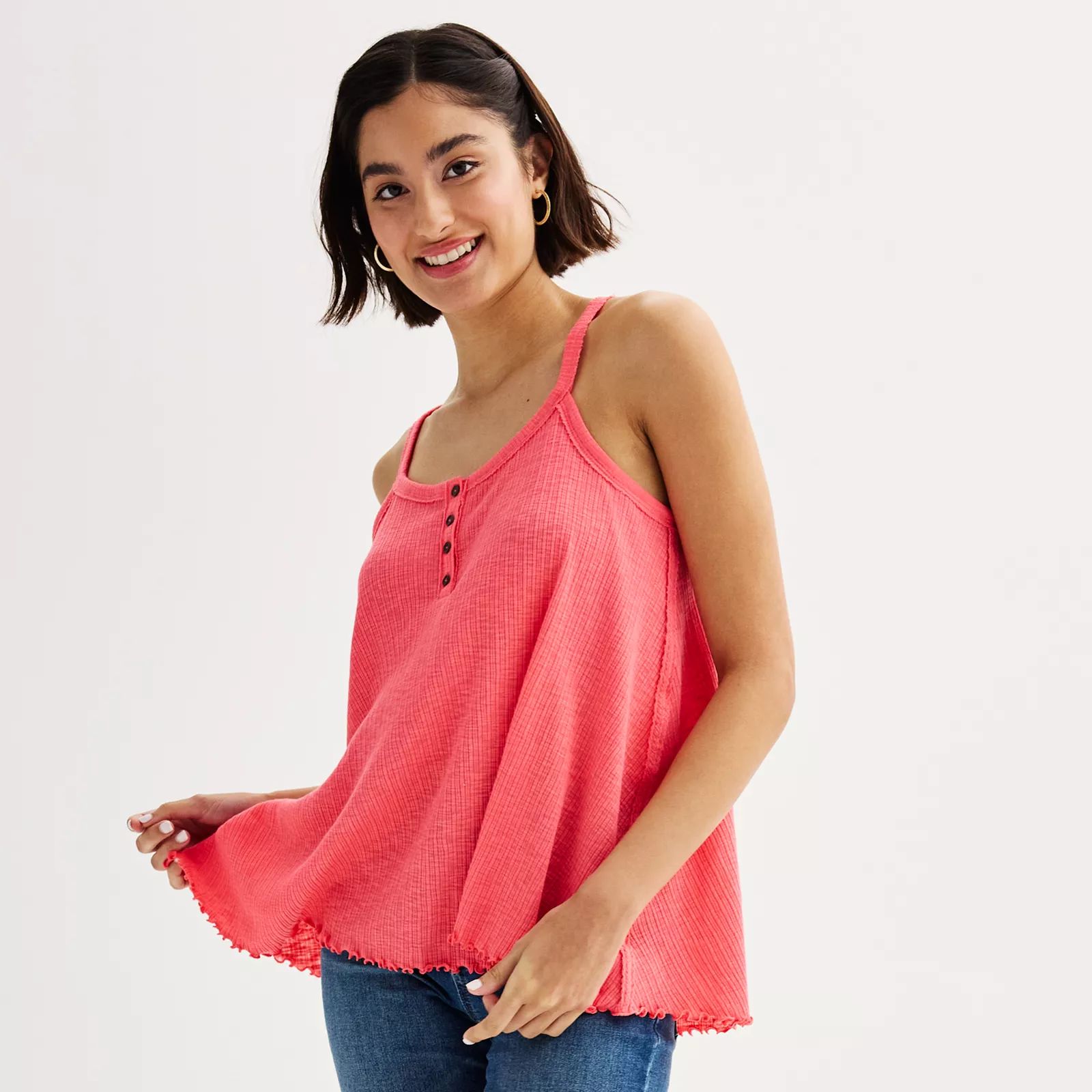 Juniors' SO® Flowy Henley Swing Tank Top | Kohl's