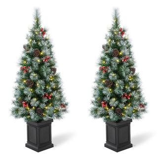 4 ft. Pre-Lit Pine Artificial Christmas Porch Tree with 80 Warm White Lights, Pine Cones and Red ... | The Home Depot