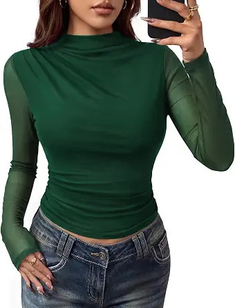 Kate Kasin Mesh Long Sleeve Tops for Women, Mock Neck Going Out Outfits | See Through, Slim Fit, ... | Amazon (US)
