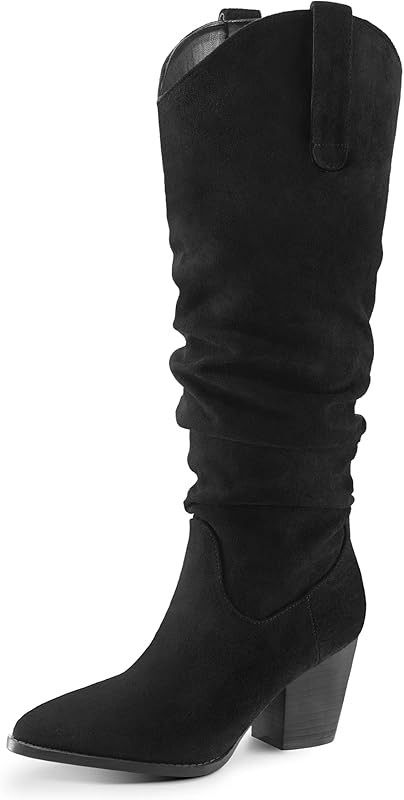 Women's Cowboy Knee-High Boots Pointed Toe Wide Calf Mid Chunky Heel Pull On Slouchy Boots with Z... | Amazon (US)