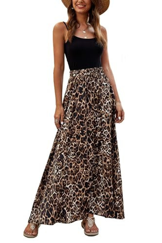 Women Maxi Beach Skirts Summer Leopard Print Beach Pleated Elastic High Waisted Long Skirts | Amazon (US)