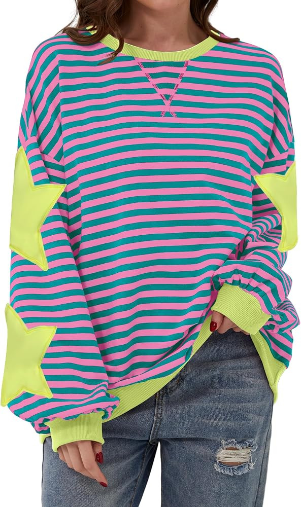 TERIVEEK Women Oversized Striped Color Block Long Sleeve Crew Neck Sweatshirt Casual Loose Pullov... | Amazon (US)