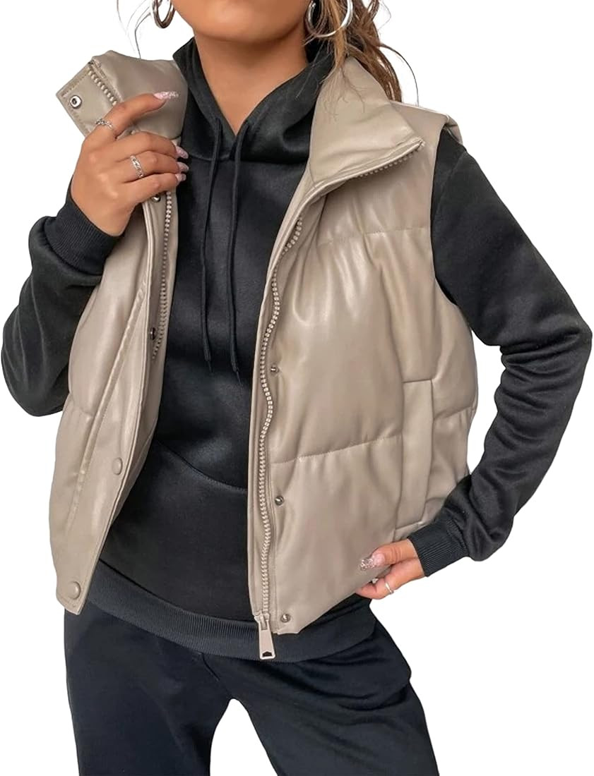 Yidarer Women's Faux Leather Puffer Vest Stand Collar Padded Vest Sleeveless Quilted Lightweight Jac | Amazon (US)