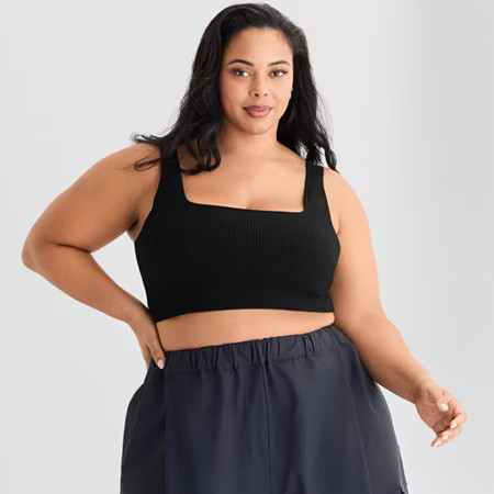 Ashley Graham Ribbed Womens Plus Square Neck Sleeveless Crop Top, 3x, Black | JCPenney