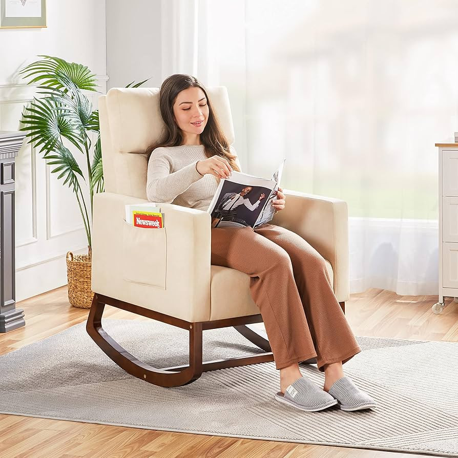 Yaheetech Rocking Chair, Modern Glider Chair, Recliner Armchair with Wood Legs and Side Pocket, N... | Amazon (US)
