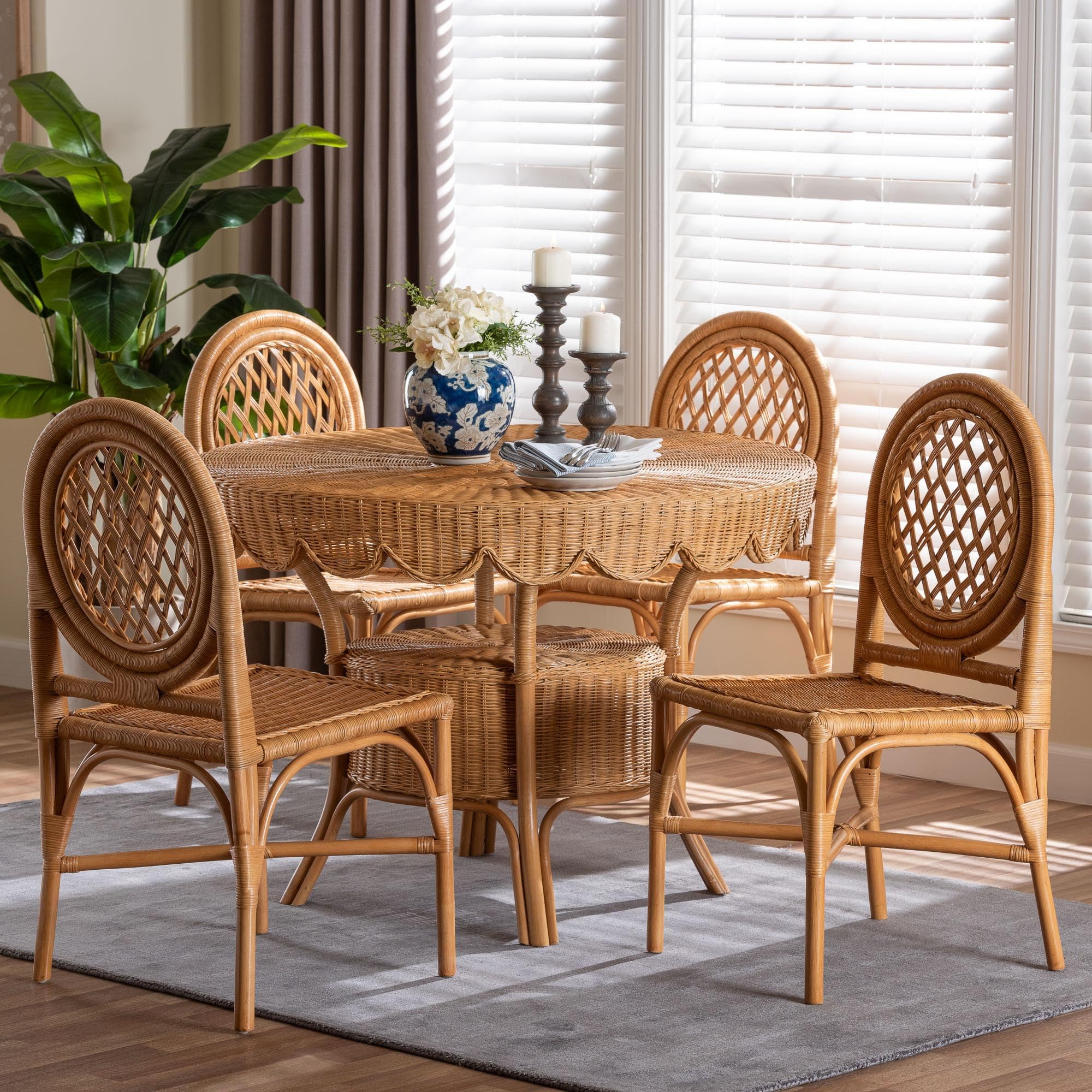 bali & pari Troy 5-Piece Rattan Dining Set - Round Wicker Table with Scallop Edge and 4 Lattice B... | Amazon (US)