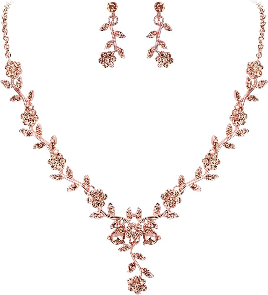 BriLove Women's Wedding Jewelry Leaf Cluster Flower Crystal Dangle Earrings Pendant Necklace Set ... | Amazon (US)