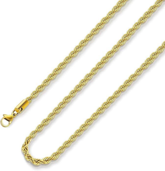 18k Real Gold Plated Rope Chain 1.5mm 2.5mm 5mm Stainless Steel Twist Chain Necklace for Men Wome... | Amazon (US)
