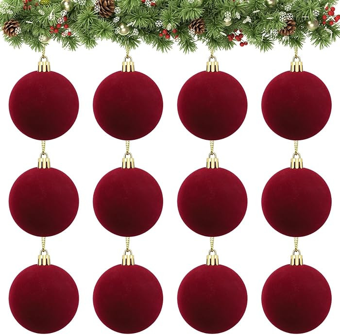 Velvet Ball Ornaments Christmas Balls Burgundy Red 12 PCS 2.36-Inch Xmas Tree Ball Ornaments for ... | Amazon (US)