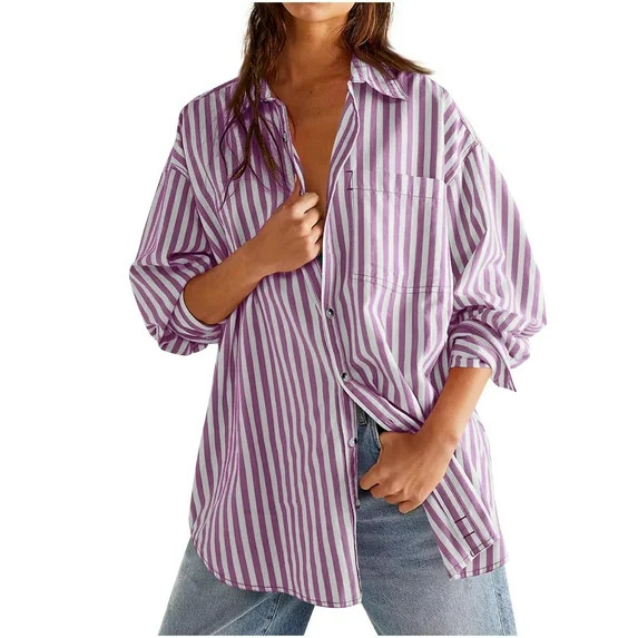 Womens 2025 Oversized Striped Button Down Shirts Boyfriend Long Sleeve Casual Work Blouses - Walm... | Walmart (US)