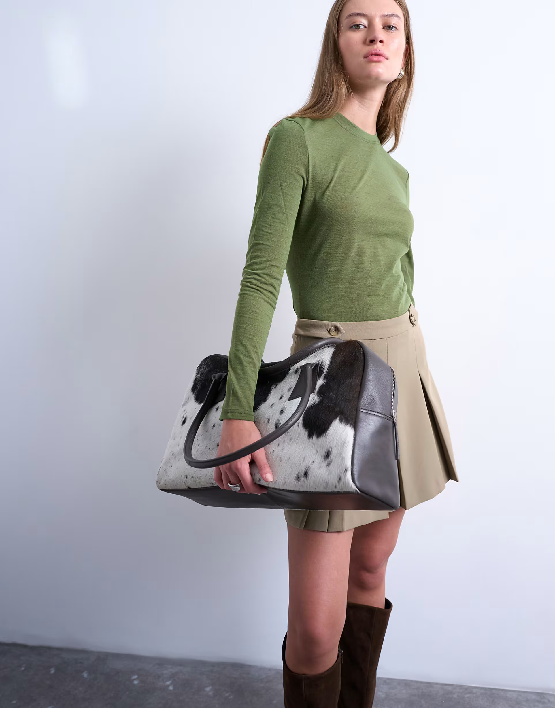 Topshop Suki real leather shoulder bowler bag in cow print pony | ASOS (Global)