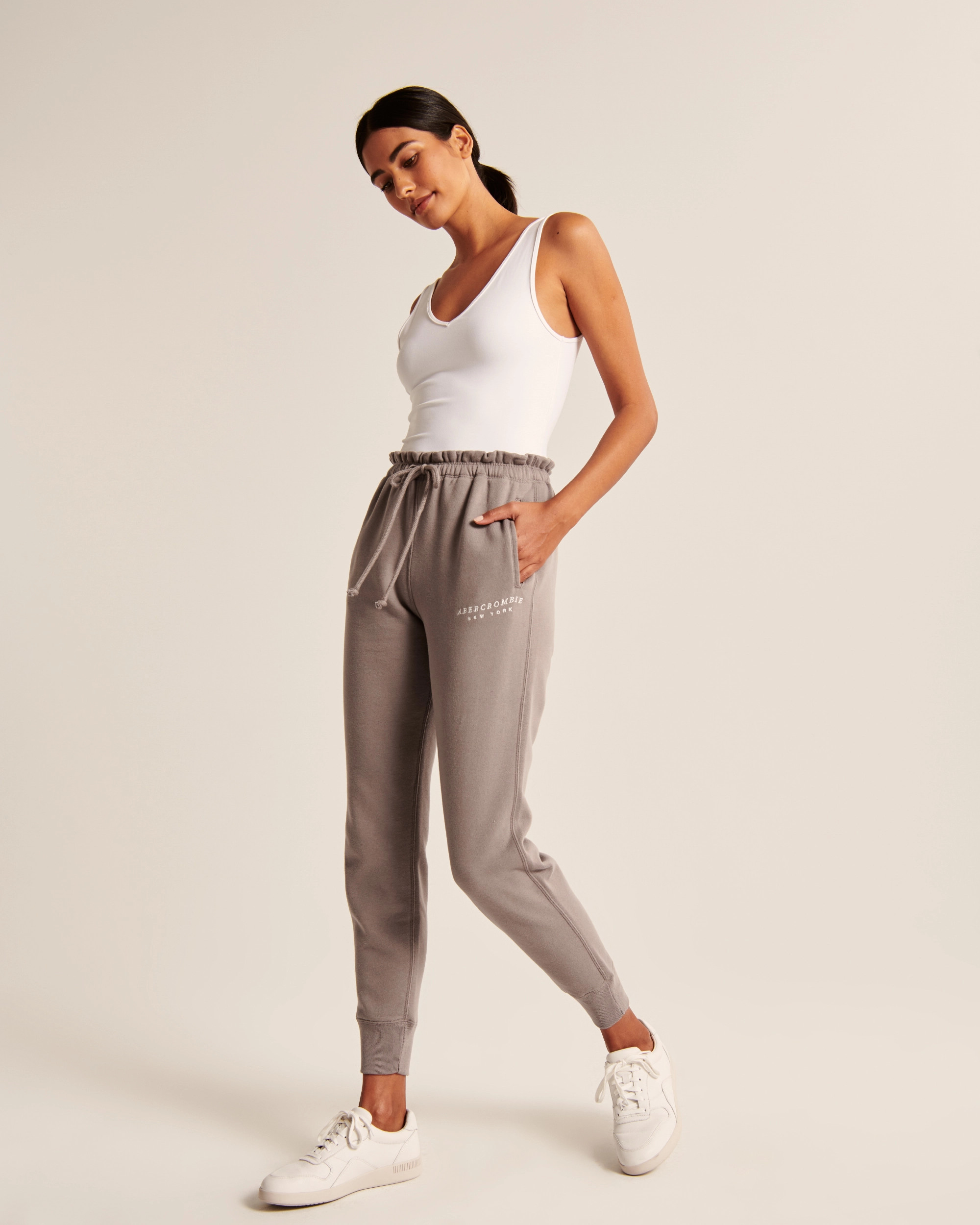 Women's Embroidered Logo Ruffle Waist Joggers | Women's Bottoms | Abercrombie.com | Abercrombie & Fitch (US)