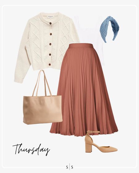 Style Guide of the Week | Teacher  Edition: mix of transitional Summer to Fall casual pieces for the week! 

Pleated skirt, button cardigan, close toe heels, leather tote, headband 

Timeless style, Teacher outfit ideas, Teacher style, Back to School outfit, warm weather style, Fall outfit, Summer outfits, closet basics, casual style, chic style, everyday outfit. See all details on thesarahstories.com ✨ 

#LTKstyletip #LTKFind #LTKBacktoSchool