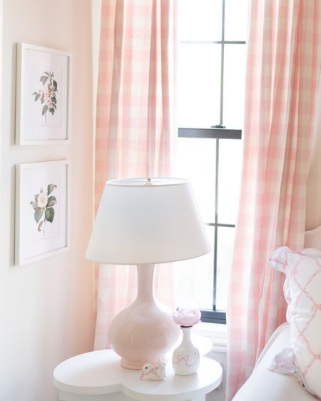 Little girls room! Love these sweet gingham curtains for Charleston’s room! #littlegirlsroom #curtains #pinkginghamcurtains #lamps #gourdlamp #pinklamps 