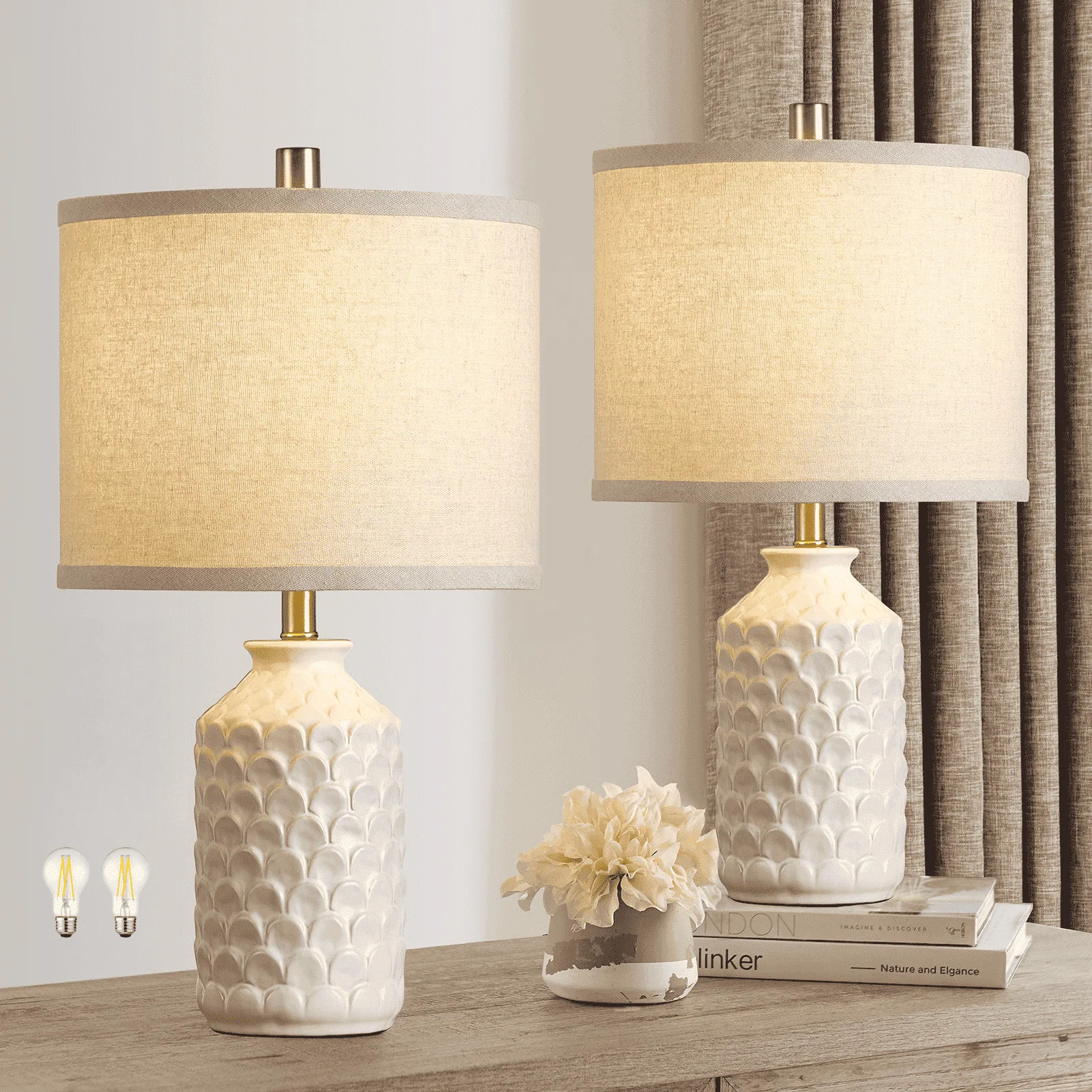 RORIA 21” Set of 2 Modern White Living Room Decorative Ceramic Table Lamps Farmhouse Bedroom Ni... | Walmart (US)