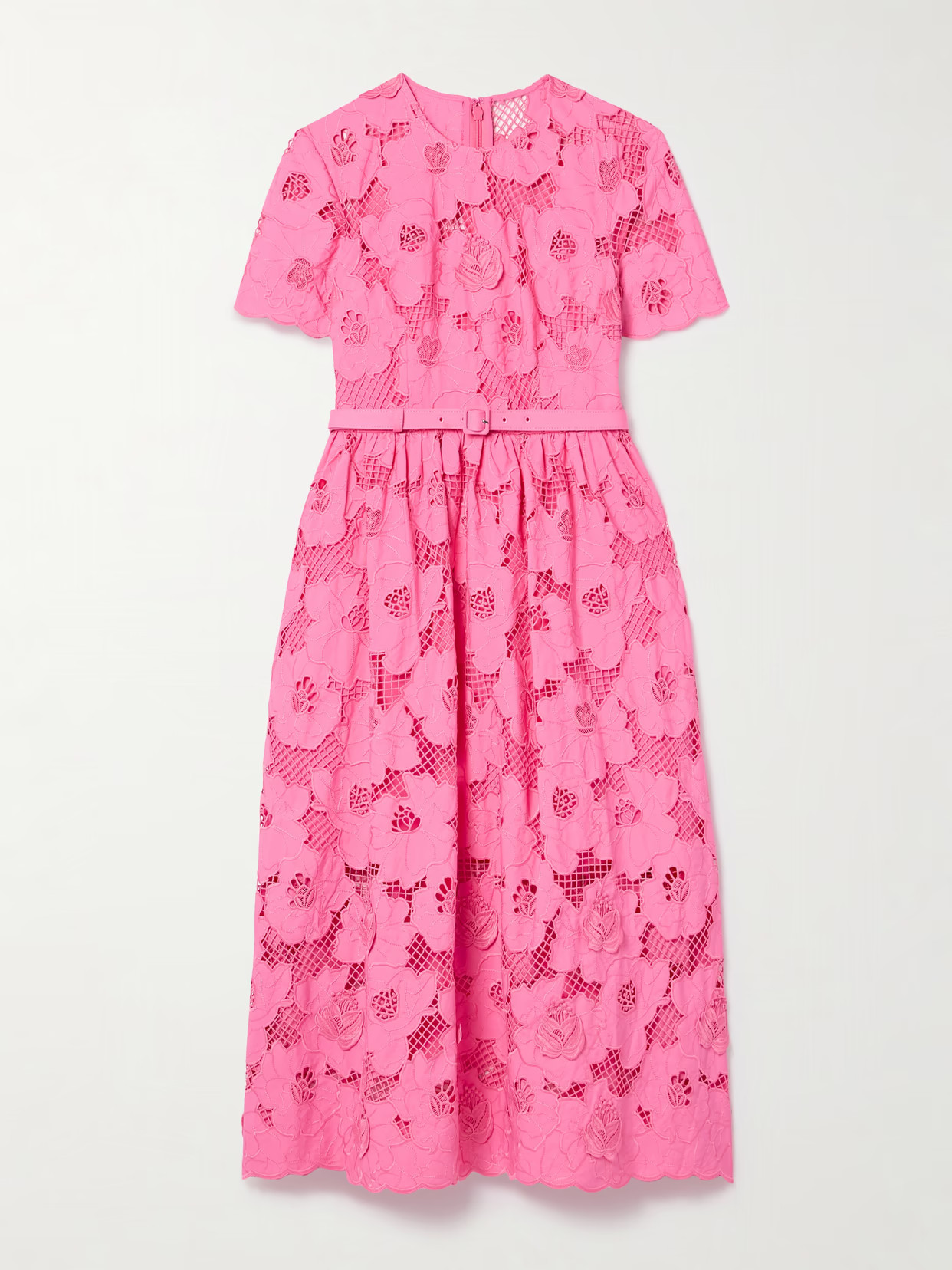 Self-Portrait - Belted Cotton-blend Guipure Lace Midi Dress - Pink | NET-A-PORTER (US)