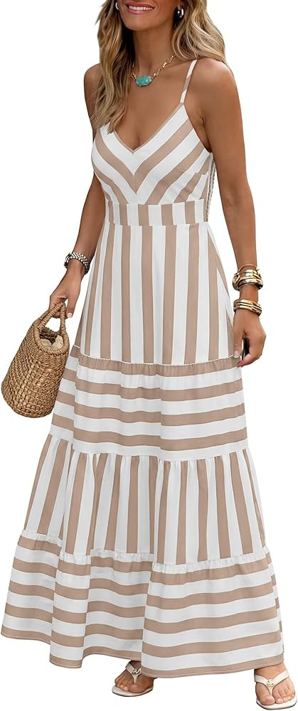 Caracilia Summer Maxi Dresses for Women Spaghetti Strap Back Smocked A Line V Neck Casual Long Dr... | Amazon (US)