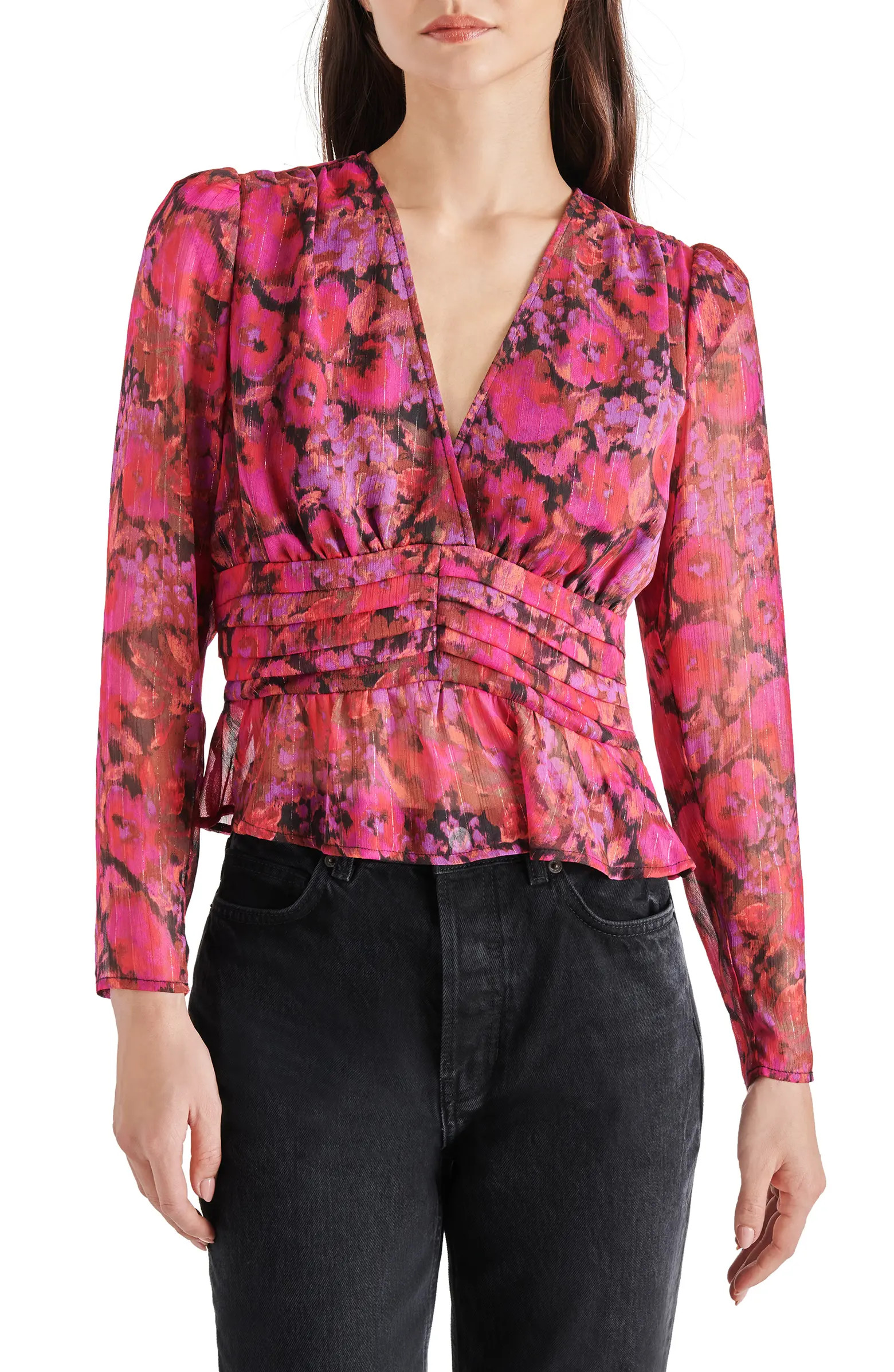 Steve Madden Azura Floral Metallic Stripe Chiffon Top | Nordstrom | Nordstrom