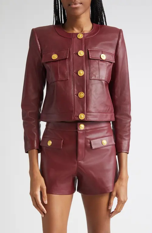 L'AGENCE Deidra Lambskin Leather Crop Jacket in Black Cherry at Nordstrom, Size 0 | Nordstrom