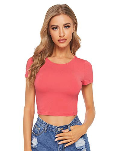 SweatyRocks Women's Basic Short Sleeve Scoop Neck Crop Top Rose Red Small | Amazon (US)