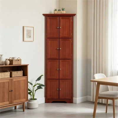 Tall 4‑Tier Farmhouse Corner Pantry Cabinet with 8 Doors, Storage Cabinet with Shelves for Kitchen, Bathroom & Living Room, Cherry | Wayfair North America