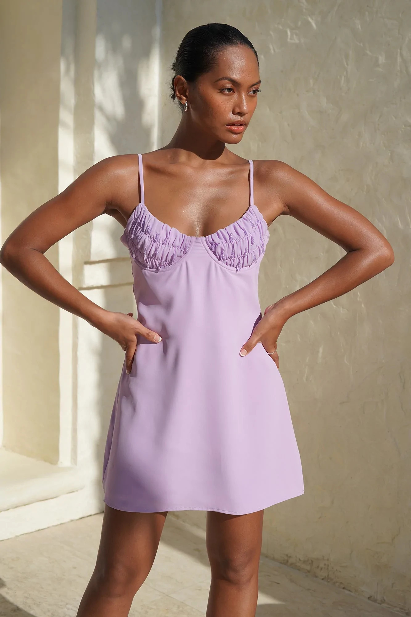 Amelie Shirring Bust Slip Dress - Lilac | MESHKI US