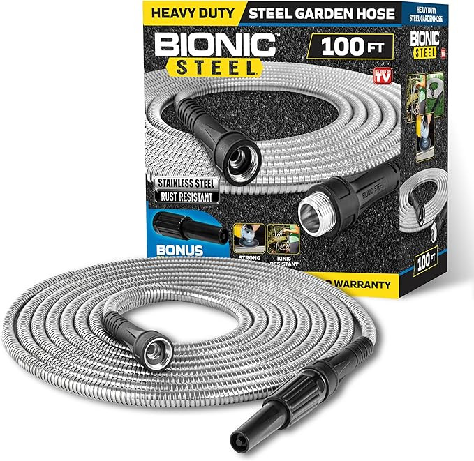 BIONIC STEEL 100 Ft Metal Garden Hose with Sprayer Nozzle, Non Kinking Designed Stainless Steel H... | Amazon (US)