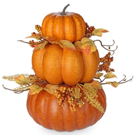 Briful 11" Fall Stacked 3pcs Pumpkin with Faux Berries, Maple Leaves Decoration Autumn Table Centerpieces Halloween, Thanksgiving & Harvest Home Decoration Orange | Walmart (US)